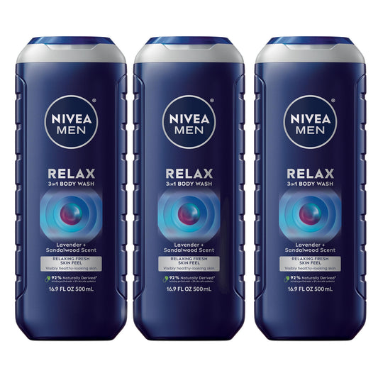 NIVEA MEN Relax bottle front view with lavender-sandalwood vibe for nightly wind-down