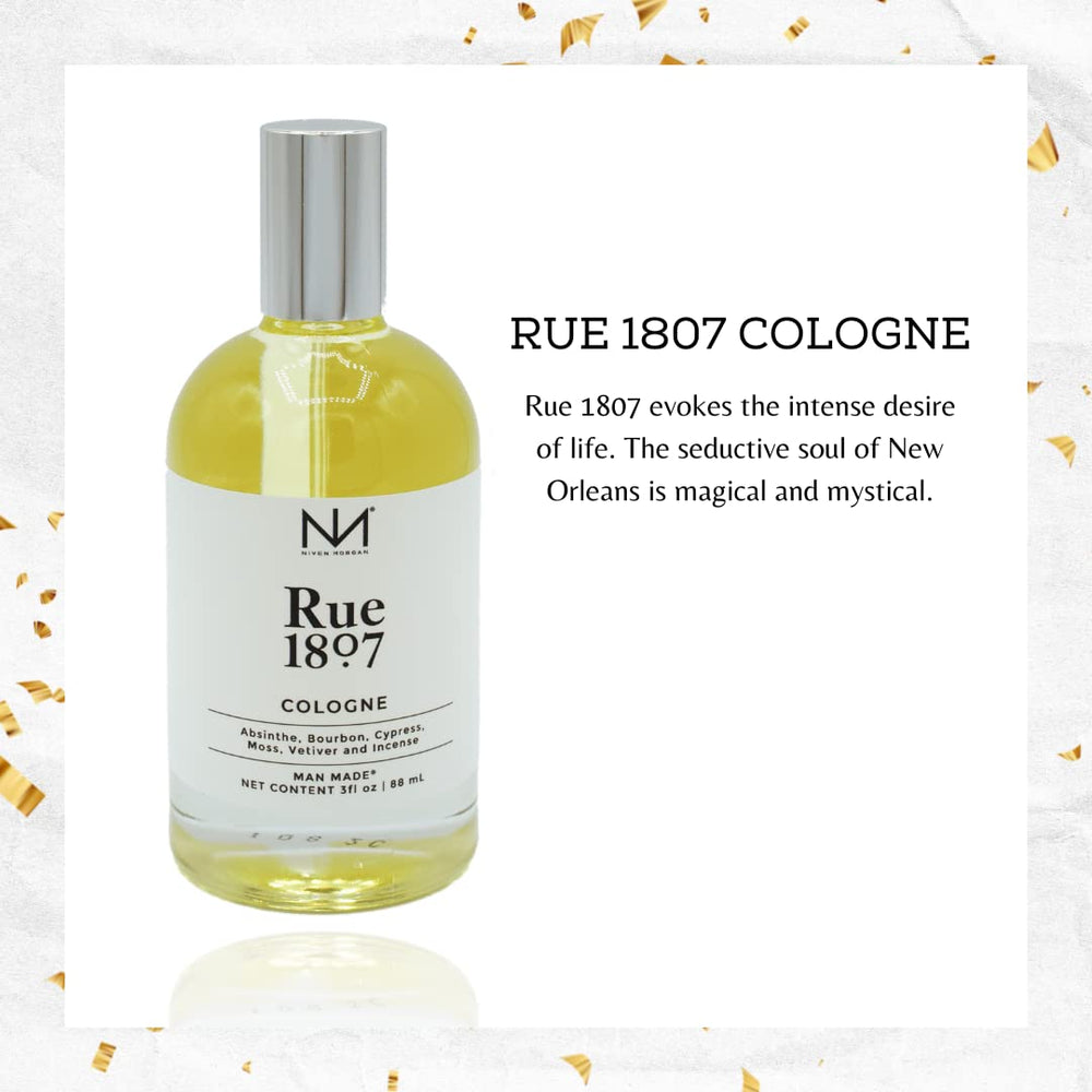 Niven Morgan Black Cypress Rue 1807 bottle closeup highlighting rich, woody notes