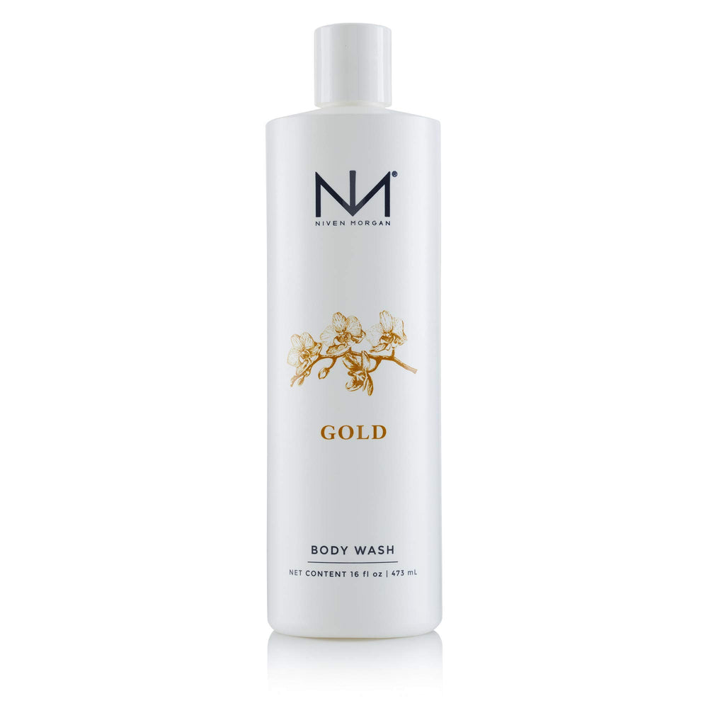 Niven Morgan Gold Body Wash bottle close-up showing vitamin E enriched formula