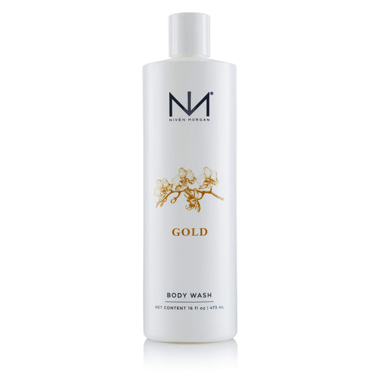Niven Morgan Gold Body Wash bottle close-up showing vitamin E enriched formula