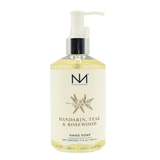 Niven Morgan Mandarin Teak and Rosewood hand soap bottle with refreshing fragrance.