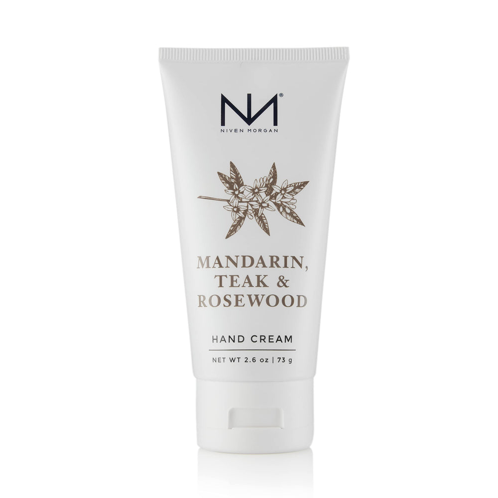 Niven Morgan Mandarin Teak & Rosewood travel hand cream hydrates hands on the go.