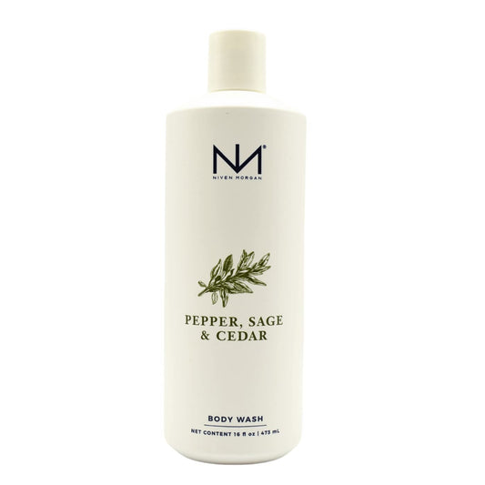 Niven Morgan Pepper Sage Cedar Body Wash bottle showcases luxurious foam for refreshed skin.