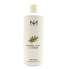 Niven Morgan Pepper Sage Cedar Body Wash bottle showcases luxurious foam for refreshed skin.