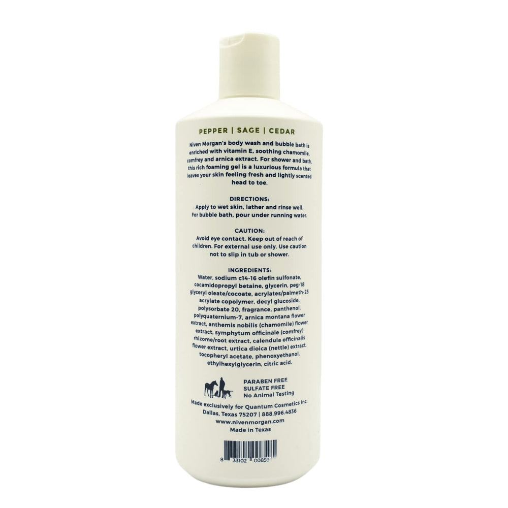 Niven Morgan Pepper Sage Cedar Body Wash packaging highlights gentle, paraben-free cleansing.