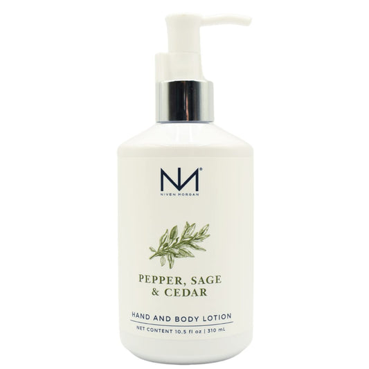 Niven Morgan Pepper-Sage-Cedar hand lotion bottle for rich hydration and soft skin.