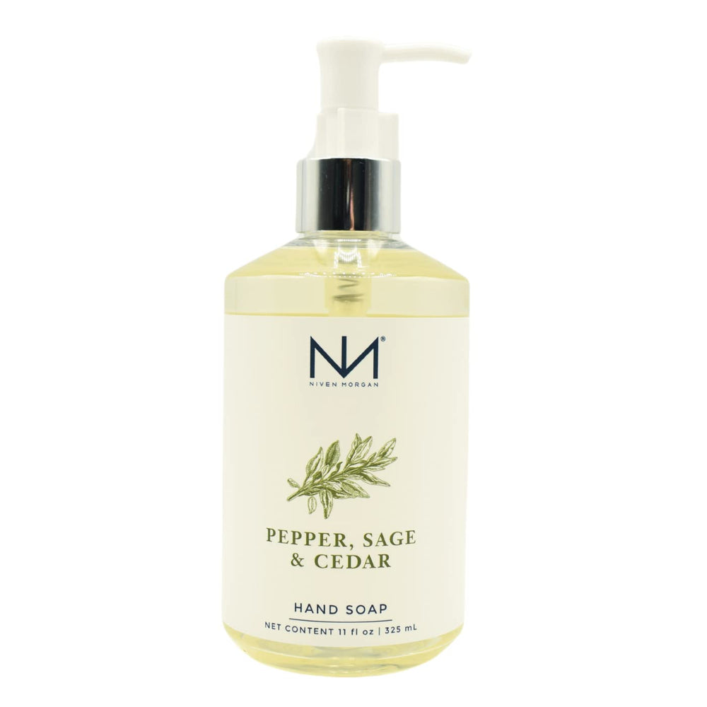 Niven Morgan Pepper, Sage and Cedar hand soap bottle on wood surface for daily cleansing