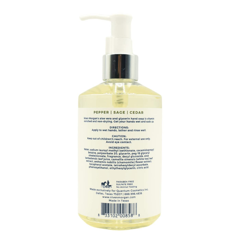 Niven Morgan Pepper, Sage and Cedar hand soap label, ideal for premium bathroom routines
