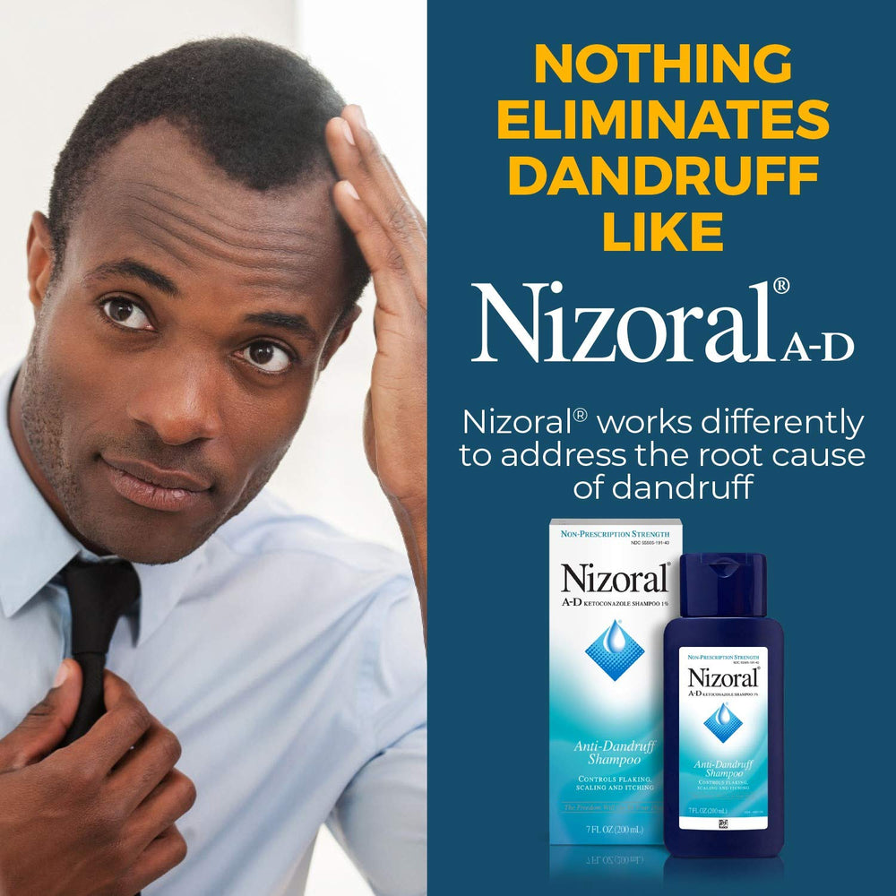 Blue Nizoral A-D bottle on shower shelf with white tiles, ready for daily use