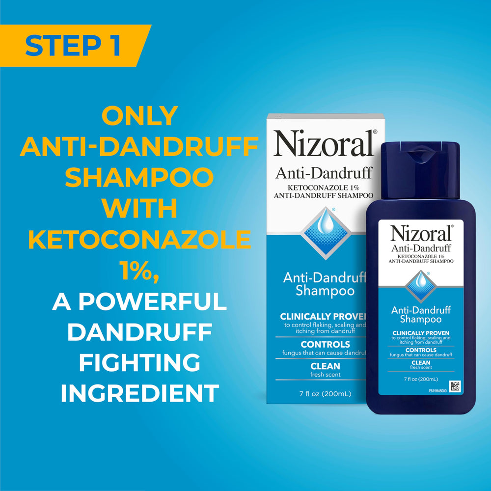 Nizoral conditioner being applied to soften hair and improve manageability.