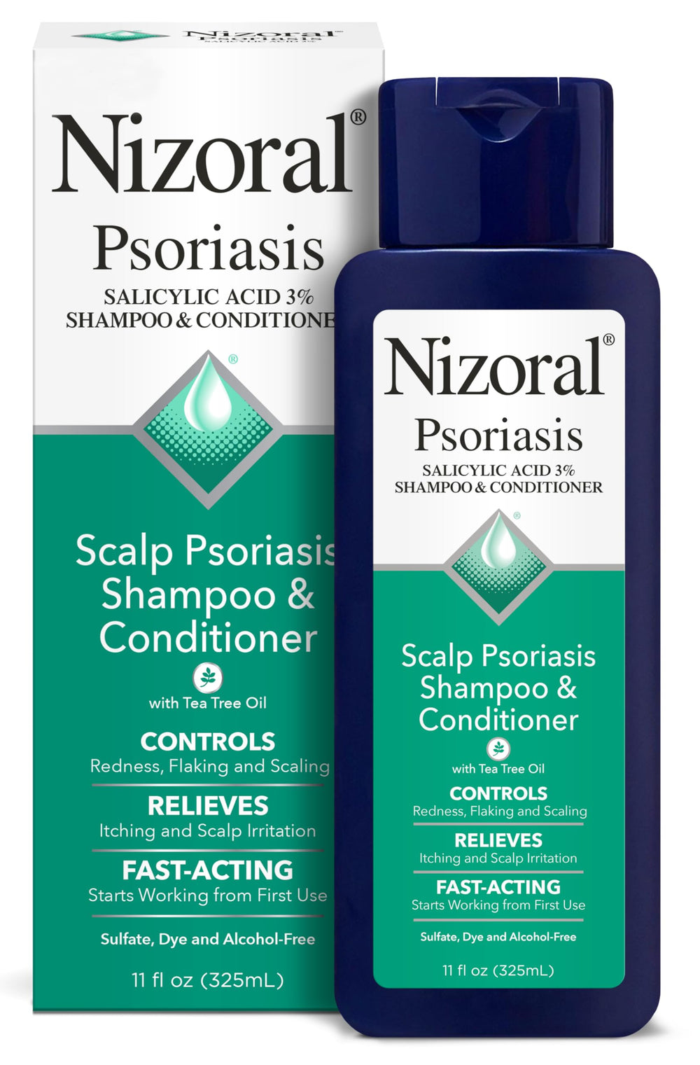Nizoral psoriasis shampoo bottle showing maximum strength relief from itching and flaking.