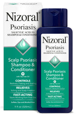 Nizoral psoriasis shampoo bottle showing maximum strength relief from itching and flaking.