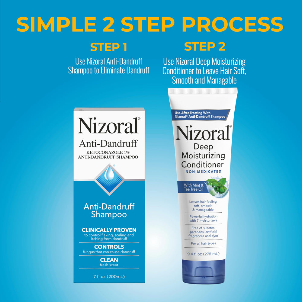 Nizoral shampoo pour into hand illustrating easy, controlled application.