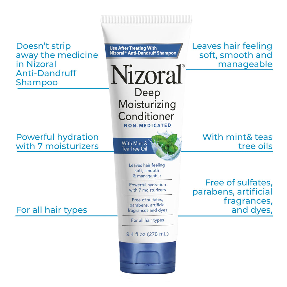 Nizoral mint and tea tree scent visible on label.