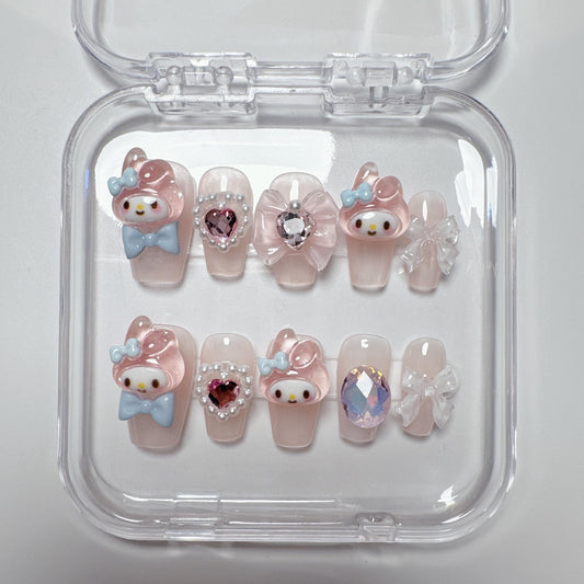 NLSJMP thick gel press-on nails pink square close-up, quick home manicure.