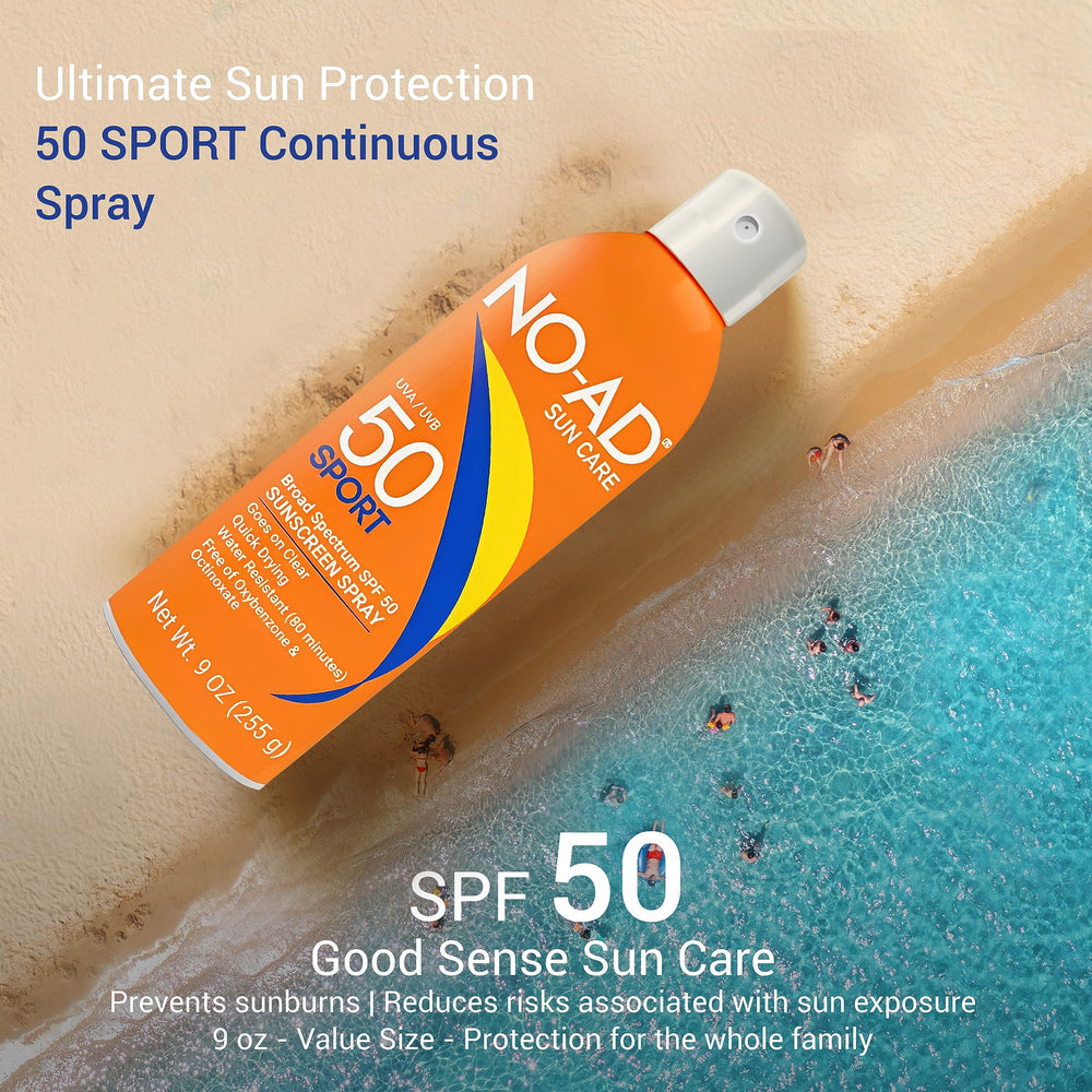 NO-AD Sport SPF 50 sunscreen spray mist in action for easy coverage.
