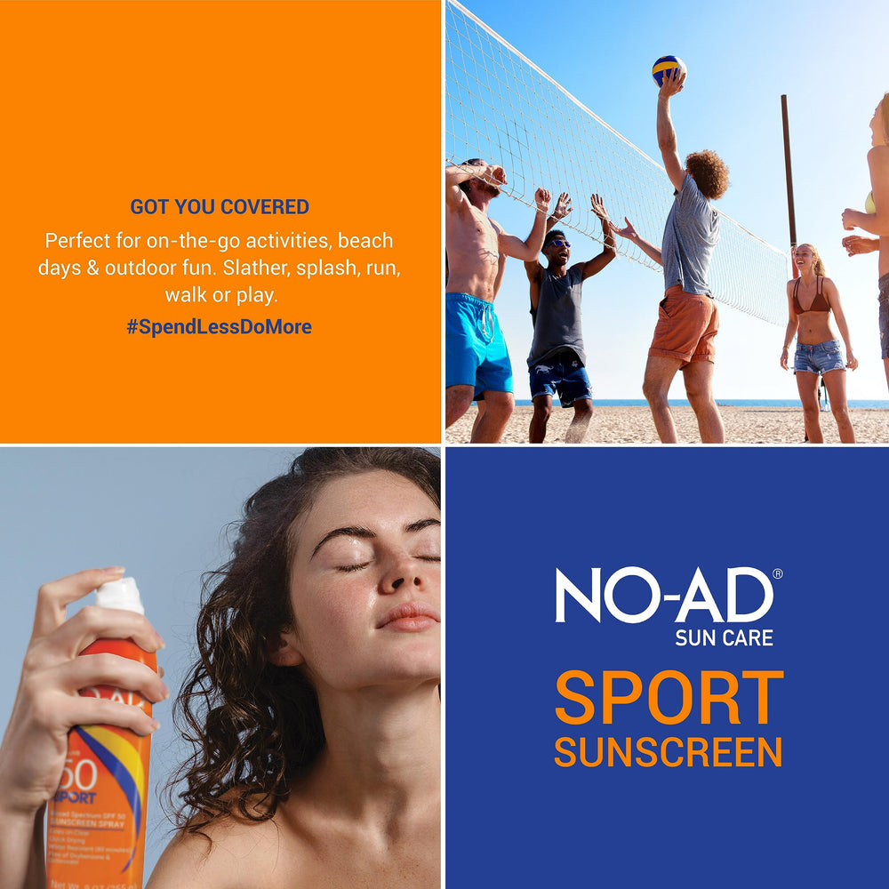 NO-AD Sport SPF 50 spray non-greasy finish on skin for comfortable wear.