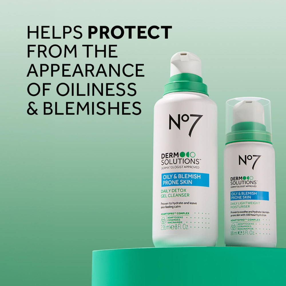 No7 Derm Solutions Daily Moisturizer beside Daily Detox Cleanser in a balanced routine.