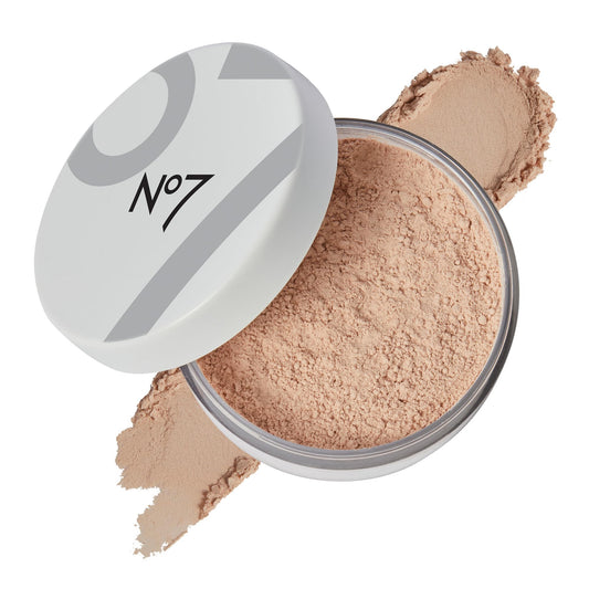 No7 Flawless Finish loose powder jar delivers a shine-free, matte effect.