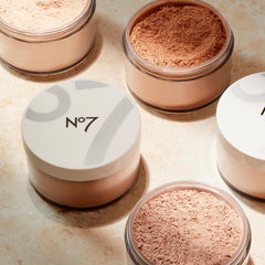 No7 Flawless Finish loose powder set makeup extends wear without weight.