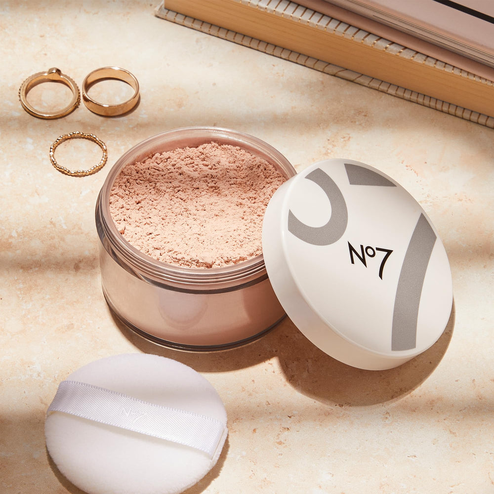 No7 Flawless Finish loose powder swatch-fair matches fair skin tones with translucence.