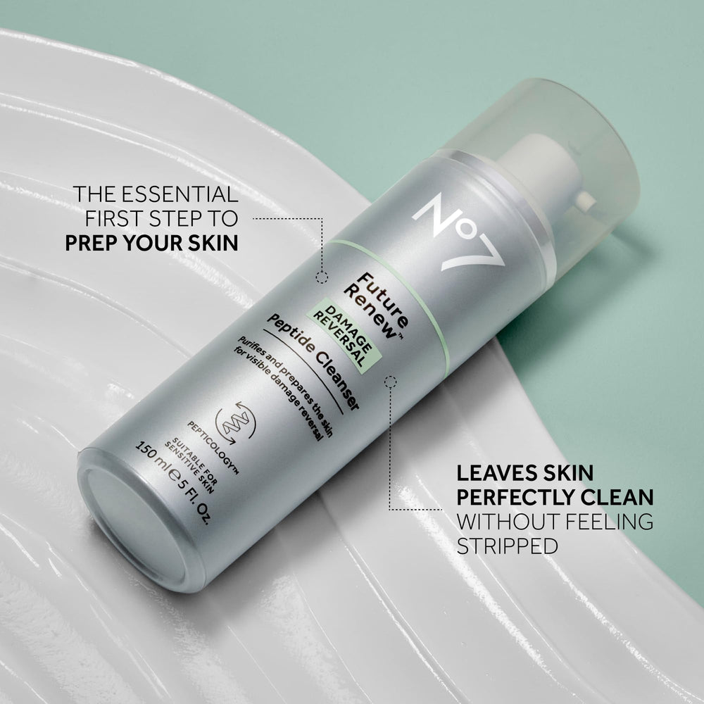 No7 Future Renew Cleanser application on skin demonstrates gentle cleansing in action.