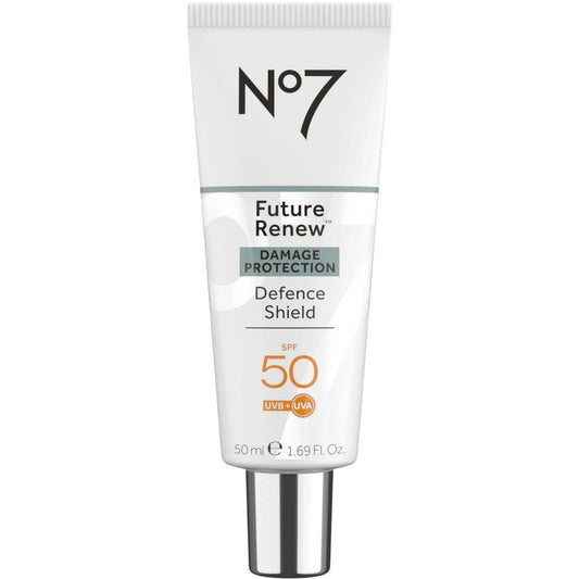 No7 Future Renew Defense Shield bottle with SPF 50 provides invisible protection.