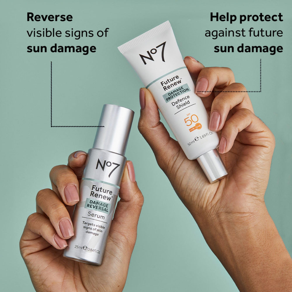 No7 Future Renew Defense Shield sunscreen application for daily protection routine.
