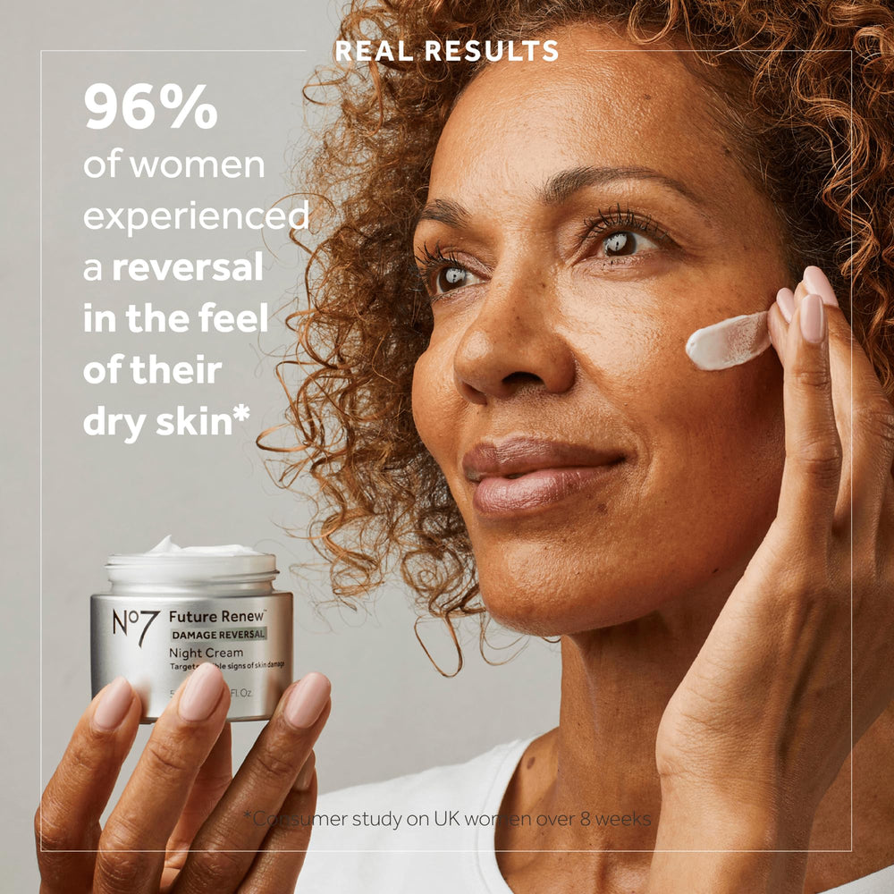 No7 Future Renew night cream application scene suggests easy nightly routine after cleansing