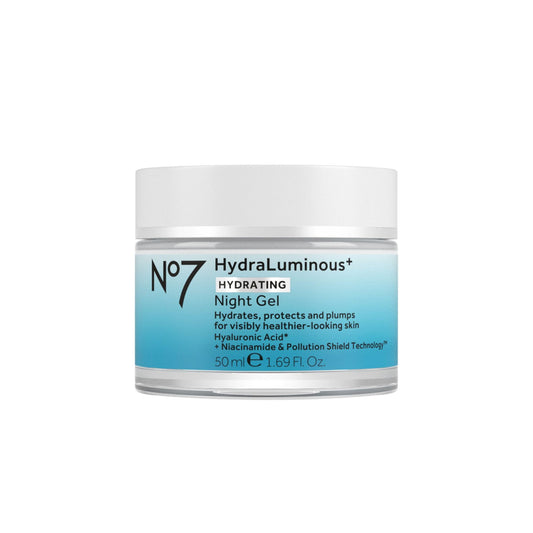No7 HydraLuminous+ night gel jar delivering overnight hydration.