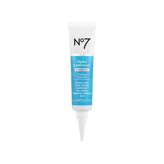No7 HydraLuminous+ eye gel bottle ready to hydrate the under-eye area.