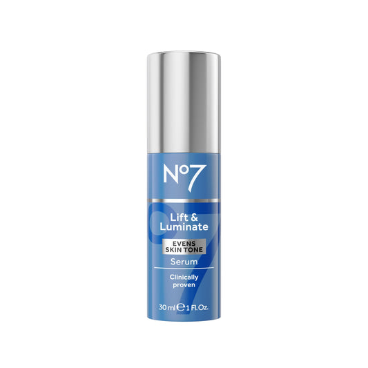 No7 Lift and Luminate serum bottle close-up; brightening and firming benefits.
