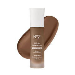 No7 Lift & Luminate foundation bottle with pump for smooth, even coverage.