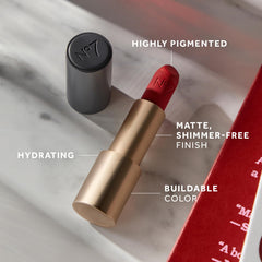 No7 Pro Artist Muse Matte Lipstick application close-up demonstrating precise color glide.