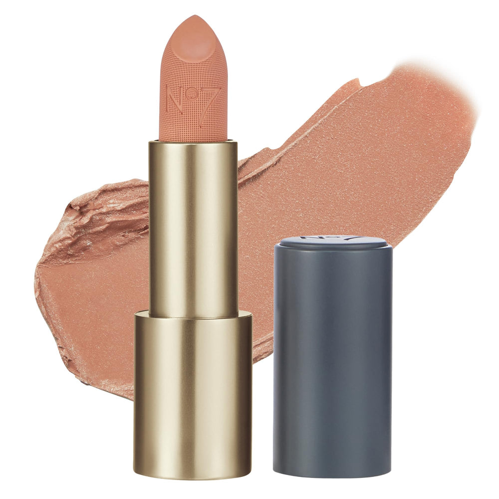 No7 Pro Artist Muse Matte Lipstick bullet close-up showing vibrant color and hydrating feel.