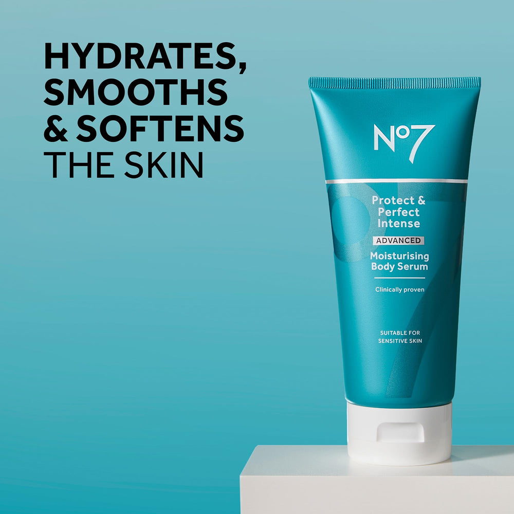 No7 Protect & Perfect Body Serum texture closeup showing non-greasy finish