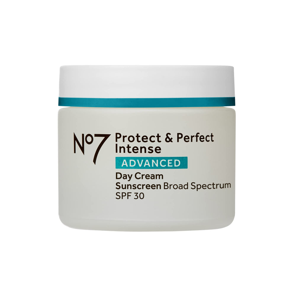 No7 Protect & Perfect Intense Advanced Day Cream SPF 30 jar provides daily hydration and sun protection.