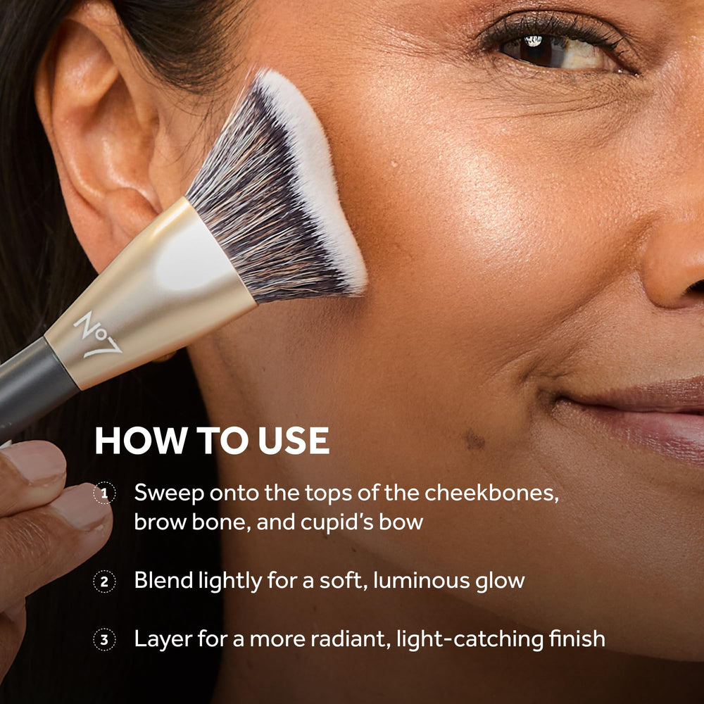 No7 Radiant Glow Highlighter on brow bone for natural lift.