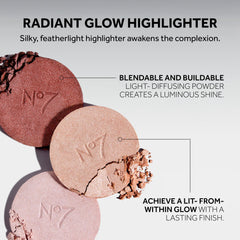 No7 Radiant Glow Highlighter applied on cheekbone for added dimension.
