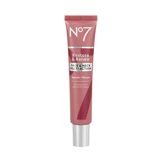 No7 Restore & Renew serum bottle close-up highlighting deep hydration and firming