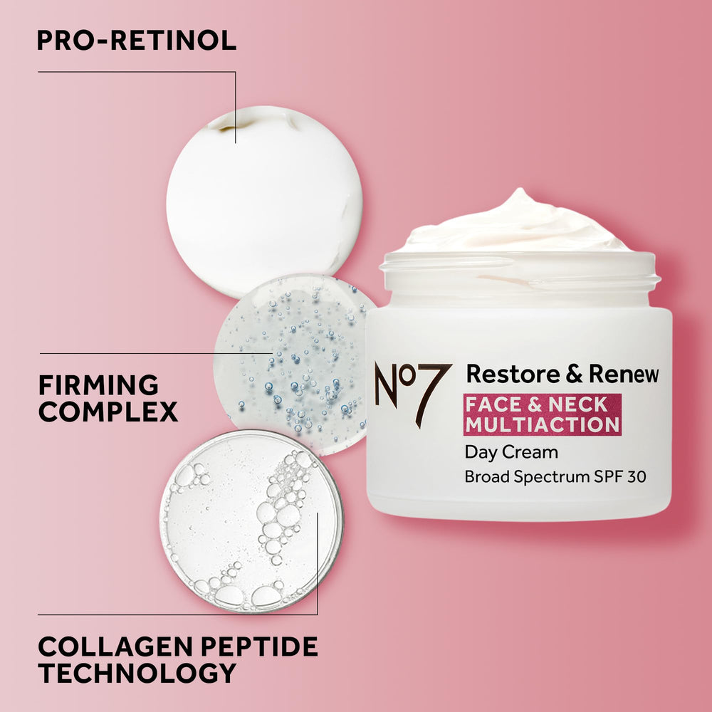 SPF 30 protection badge displayed with No7 Restore & Renew.