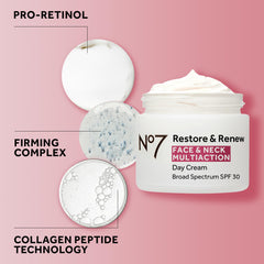 SPF 30 protection badge displayed with No7 Restore & Renew.