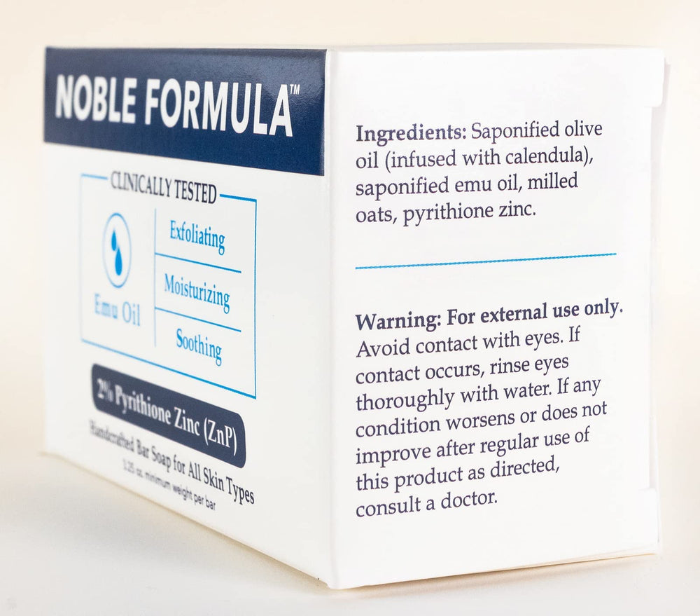 Noble Formula emu oil bar soap ingredients highlighting olive oil and oats for gentle care