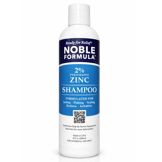 Noble Formula shampoo bottle front with 2% Pyrithione Zinc for scalp comfort