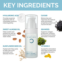 Noche Y Dia Caviar Eye Contour key ingredients list features seaweed and hyaluronic acid.