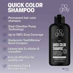 No Gray Quick Color Shampoo illustration indicating five-minute gray coverage.