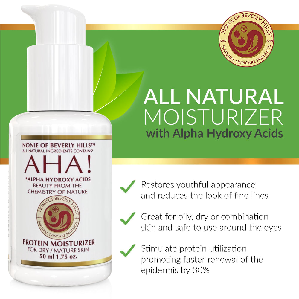 Nonie of Beverly Hills AHA Protein Moisturizer ingredient panel highlights vitamins A, B, C, E.