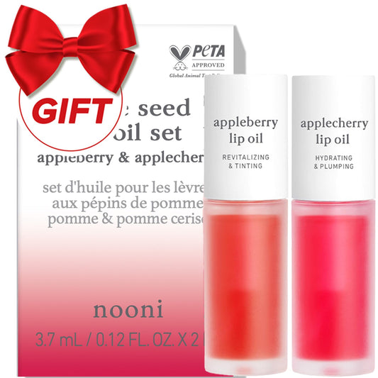 NOONI lip oil set bottles Appleberry and Applecherry on a clean surface for moisture-ready glam.
