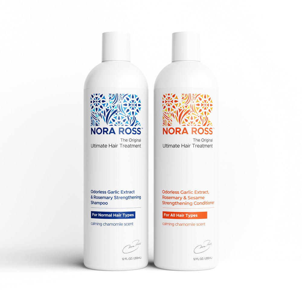 Nora Ross garlic extract rosemary shampoo bottle shows strengthening benefits