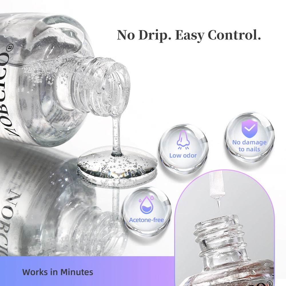 NORCICO close-up of clear remover texture, showing low-odor, gentle formula benefit